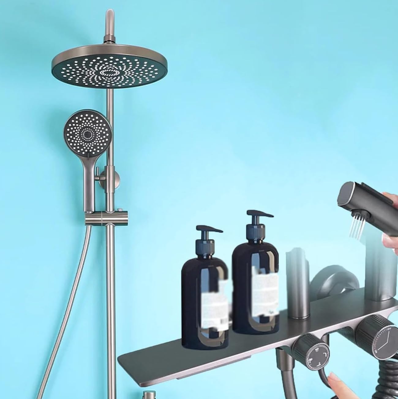 Shower System, Gray Bathroom Shower Faucet Set Complete 4 Functions Shower Fixtures Wall Mounted Shower Kit with Rain Shower Head, 3 Modes Handheld Shower Head