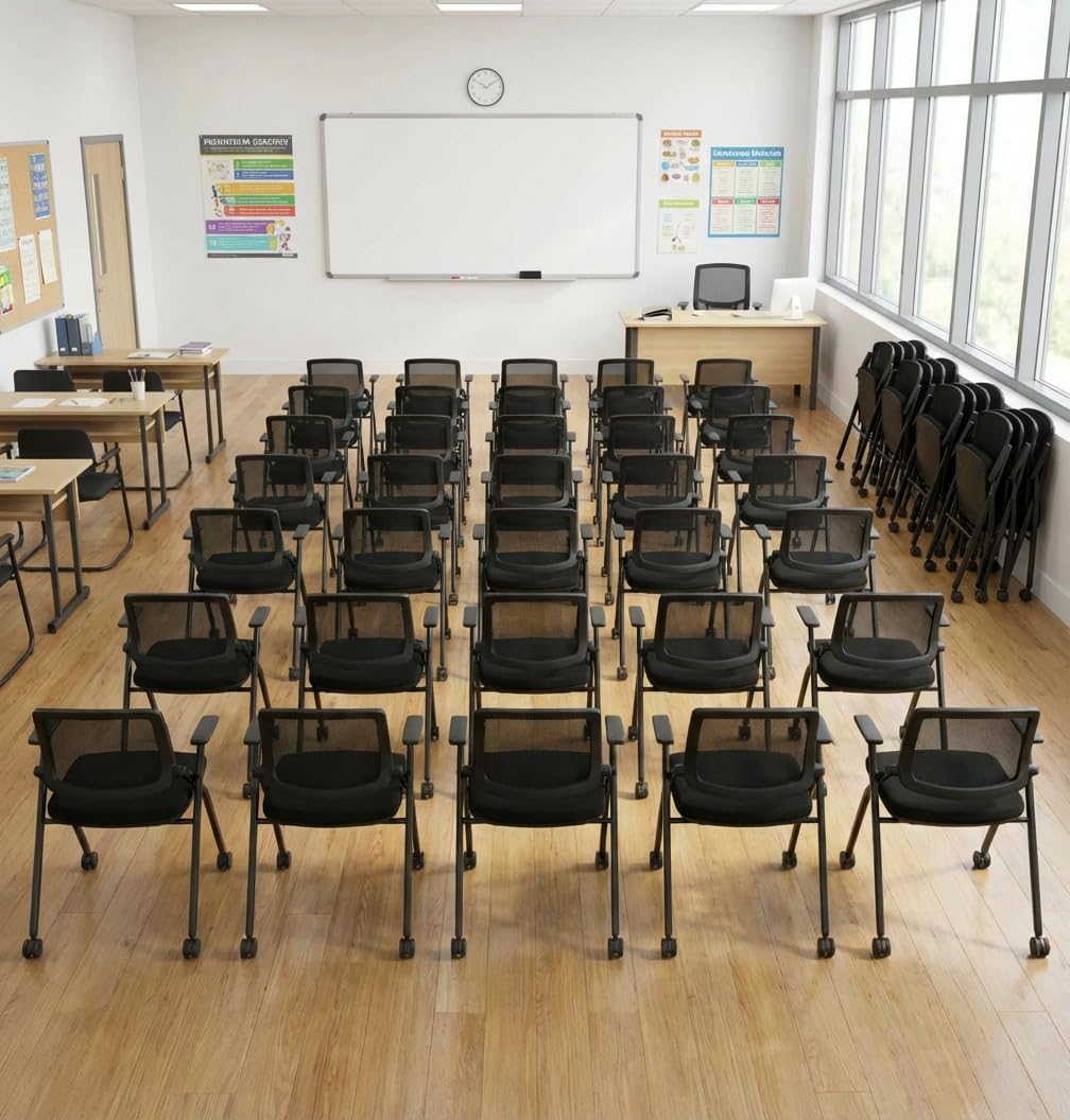 Brobriyo Folding Chair with Wheels and Paddle, Ergonomic Mesh Back and Arms for Office, Meetings, Conferences, Receptions, Training Rooms &