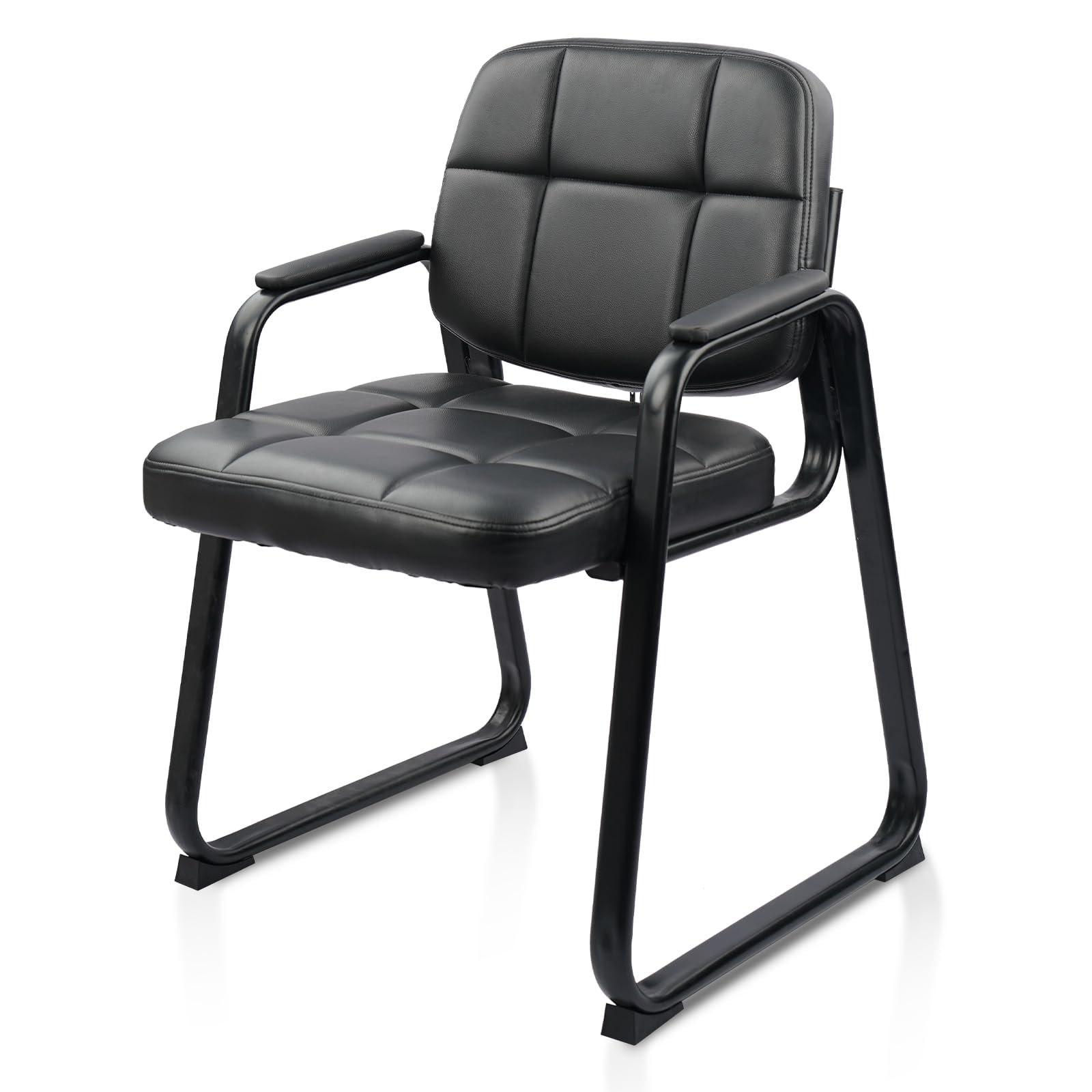 Clatina Waiting Room Chairs with Padded Arms Leather Guest Chair No Wheels for Office Reception and Conference Desk with Sled Base Black