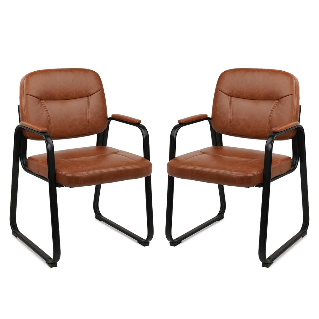 Clatina Waiting Room Guest Chair with Bonded Leather Padded Arm Rest for Office Reception and Conference Desk Black with Sled Base Brown 2 Pack