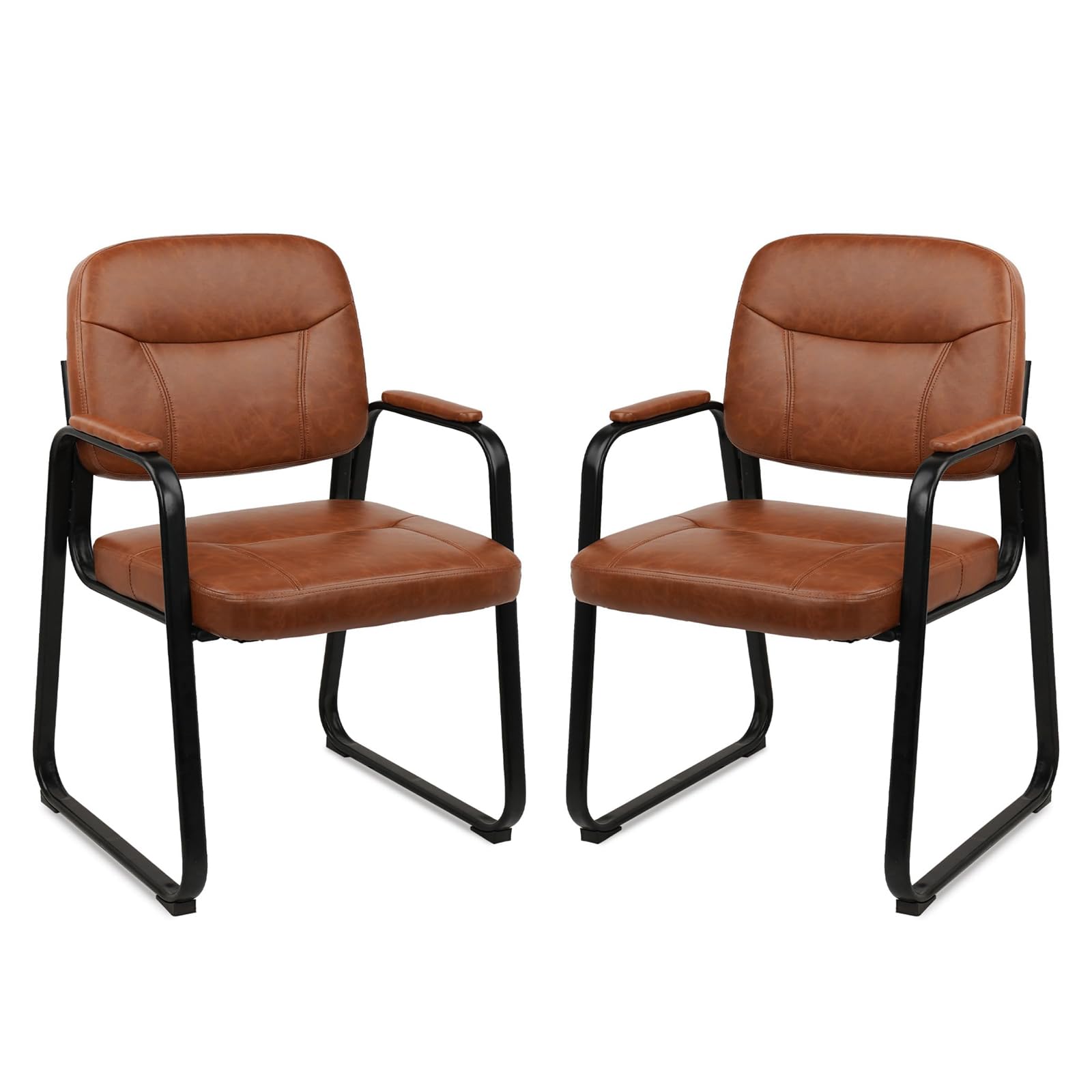 Clatina Waiting Room Guest Chair with Bonded Leather Padded Arm Rest for Office Reception and Conference Desk Black with Sled Base Brown 2 Pack