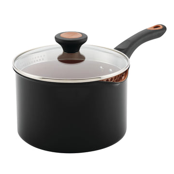 Farberware Glide Copper Ceramic Nonstick Straining Sauce Pan with Lid, 3-Quart, Black