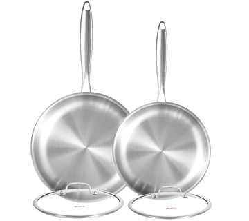 DELARLO Tri-ply Stainless Steel Frying Pan Set with Lid 8" 10"