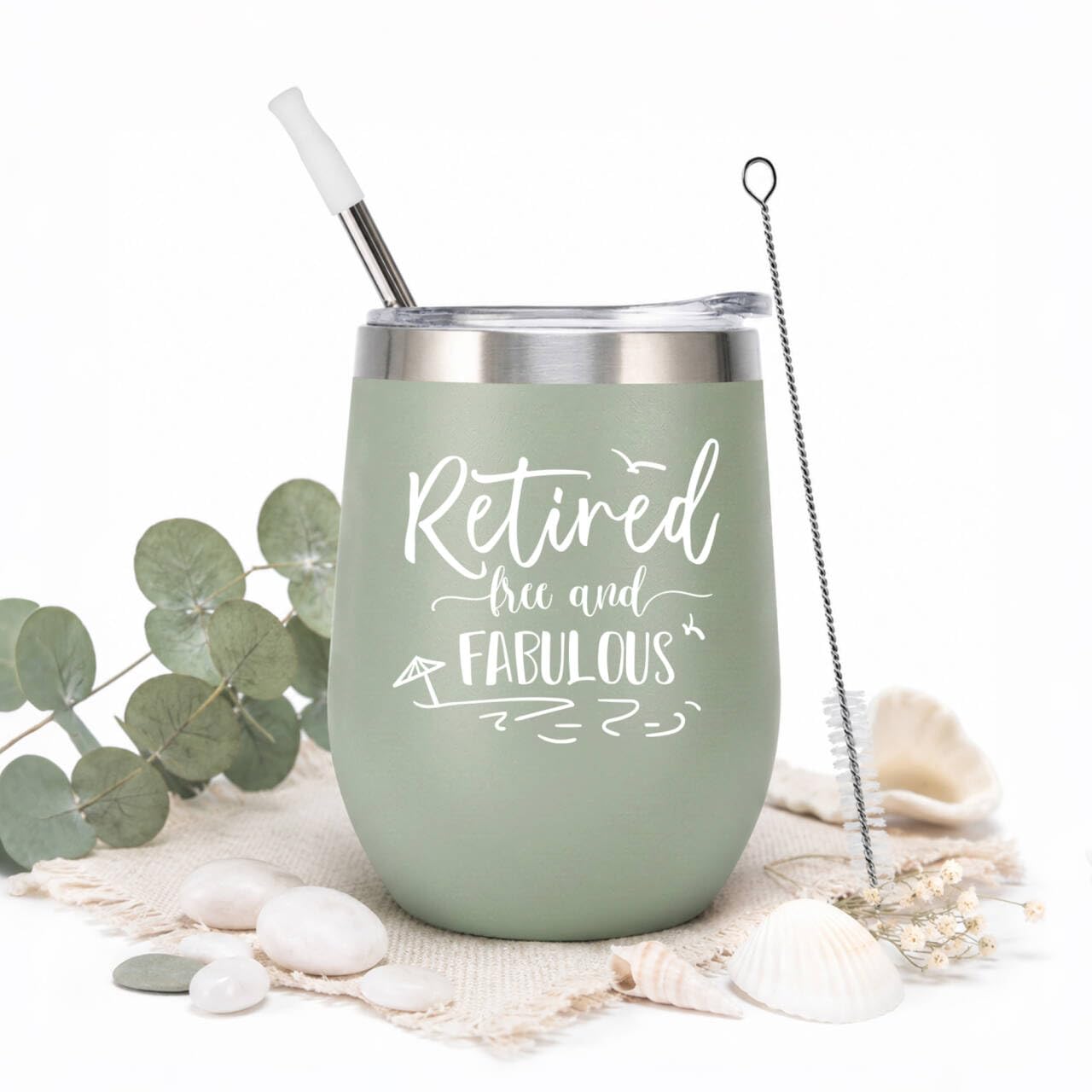 ELEGANTPARK Retirement Gifts for Women 2026, Retired Free and Fabulous 12oz Insulated Wine Tumbler with Lid & Straw, Funny Farewell Milestone Gift for Teacher Nurse Mom Boss Coworker, Sage
