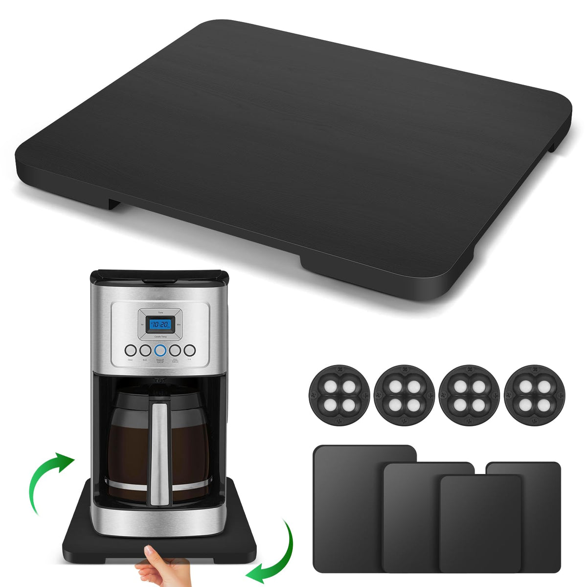 Appliance Slider 360° Rolling Tray for Coffee Maker Bamboo Coffee Pot Slider Tray Countertop Rotation Sliding Tray with Wheels, Small Appliances Mat Black (Small 11.8" × 9.8" × 0.6")