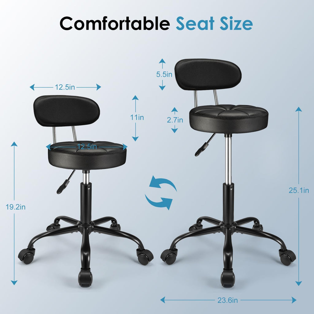 Fnzir Pu Leather Rolling Stool with Back Support Height Adjustable Swivel Stool Chair with Wheels Drafting Chair for Spa Slaon Massage Stable