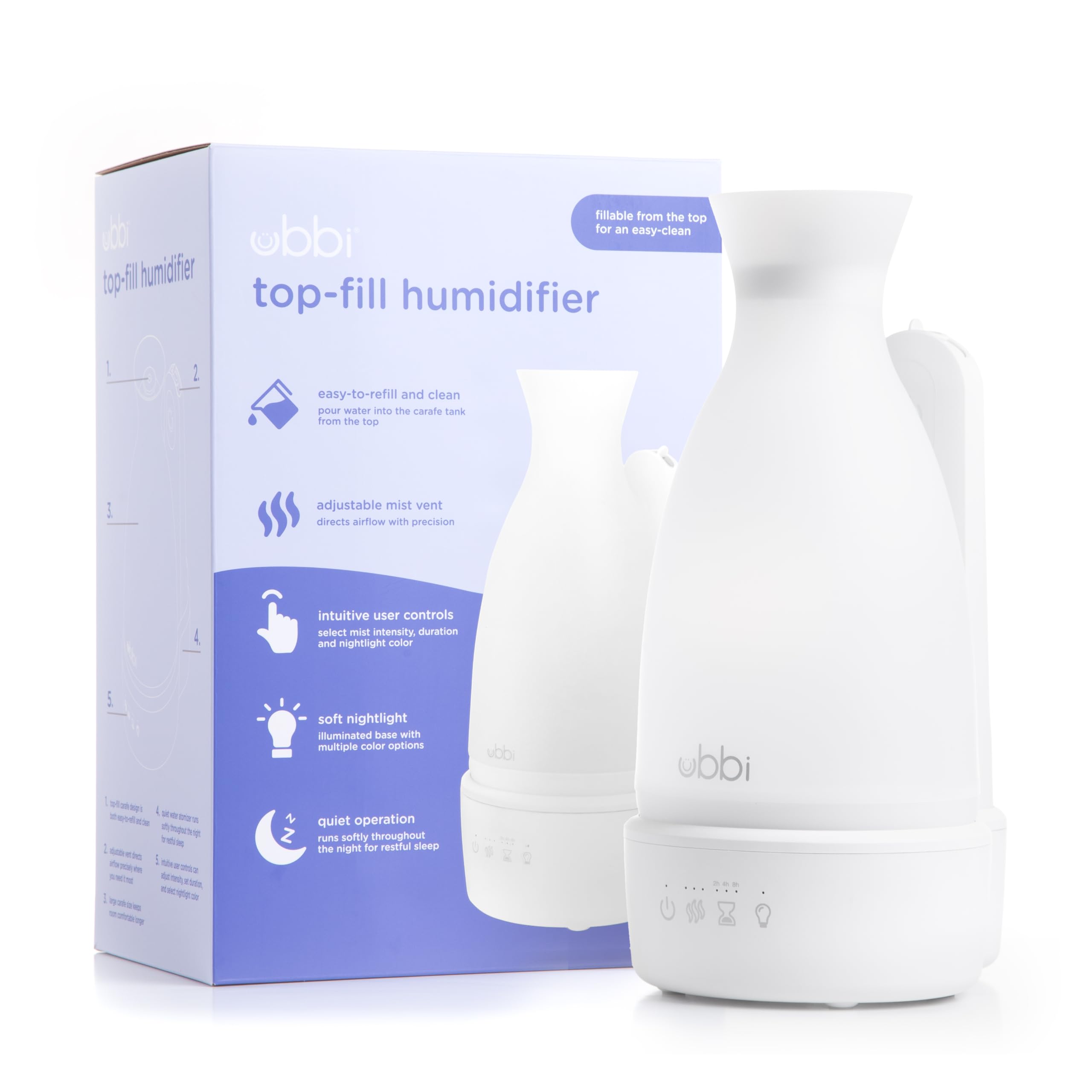 Ubbi Ultrasonic Humidifier, Easy Top-Fill Design, Adjustable Mist Control, Whisper-Quiet 25dB, Soft Night Light Glow for Nursery and Bedroom