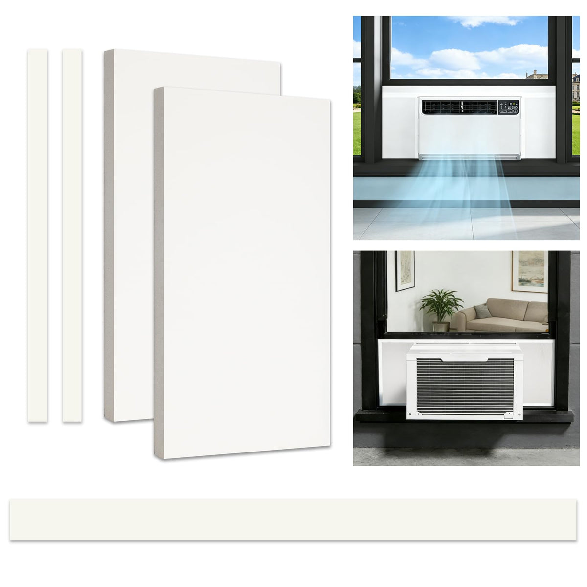 Window AC Side Panels with Aluminum Foil with Top Seal Strip Waterproof Window Air Conditioner Surround Insulation Panels Kit with PVC Edge Trim for Indoor Window AC Insulated Foam Panels