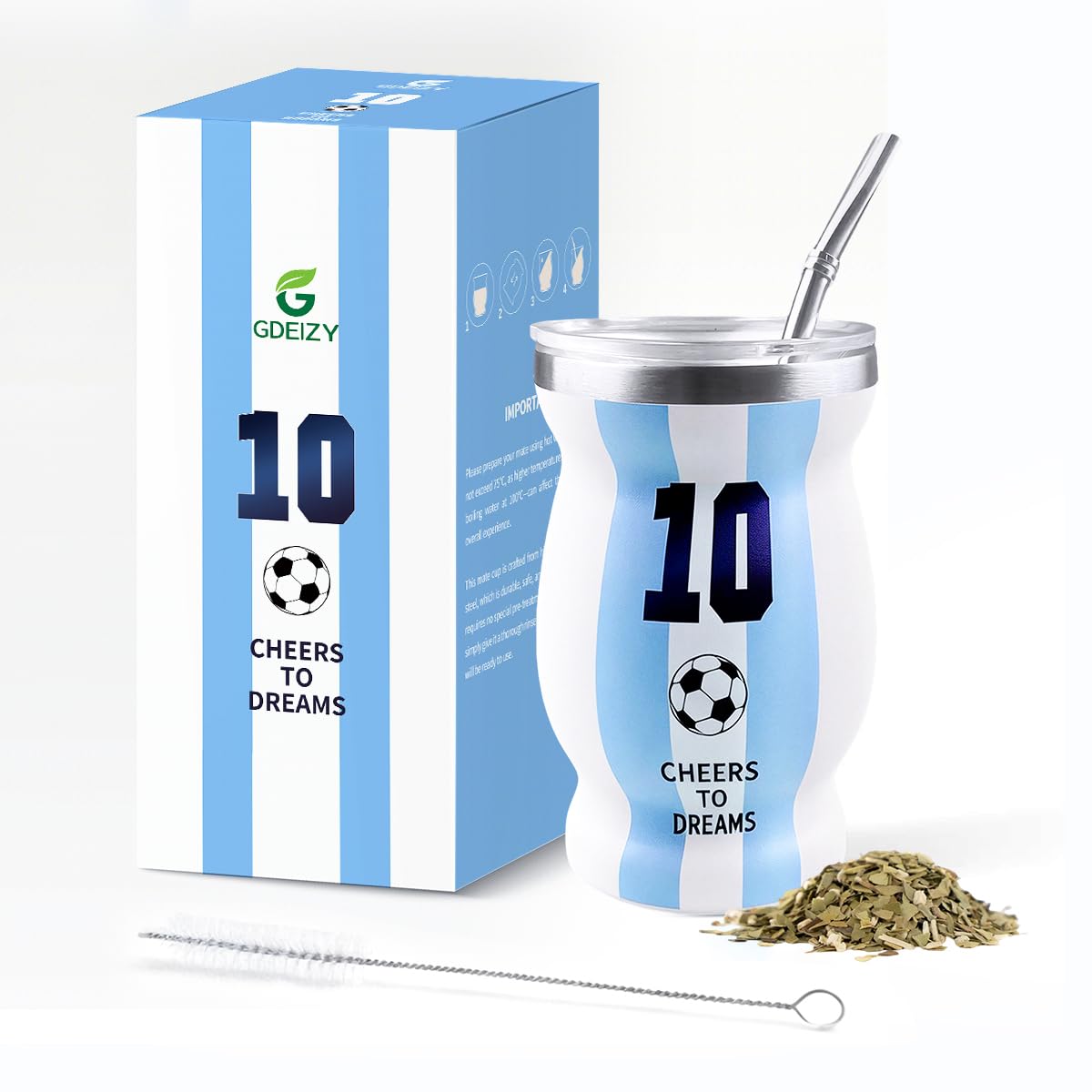 Argentina Captain No.10 Mate Cup Set, 2026 International Soccer Gifts, Double-Wall Stainless Steel Traditional Yerba Mate Cup Set, Spoon Straw & Cleaning Brush