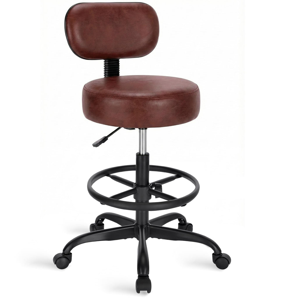 Superjare Drafting Chair with Backrest, Adjustable Foot Rest Rolling Stool, Brown