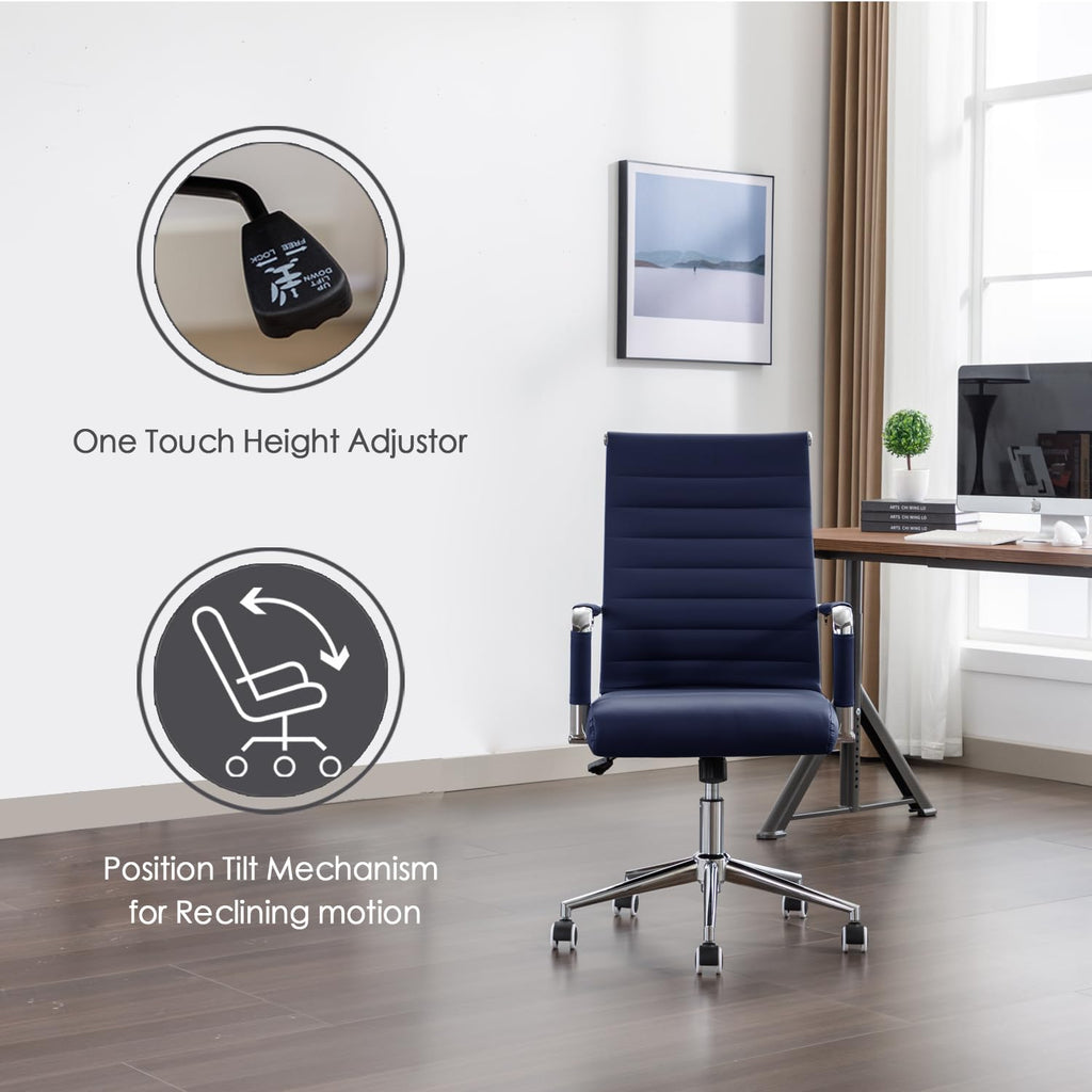 Office Desk Chair Leather, Conference Room Chairs with Wheels, Executive Modern High Back Ergonomic Swivel Rolling Ribbed Computer Chair