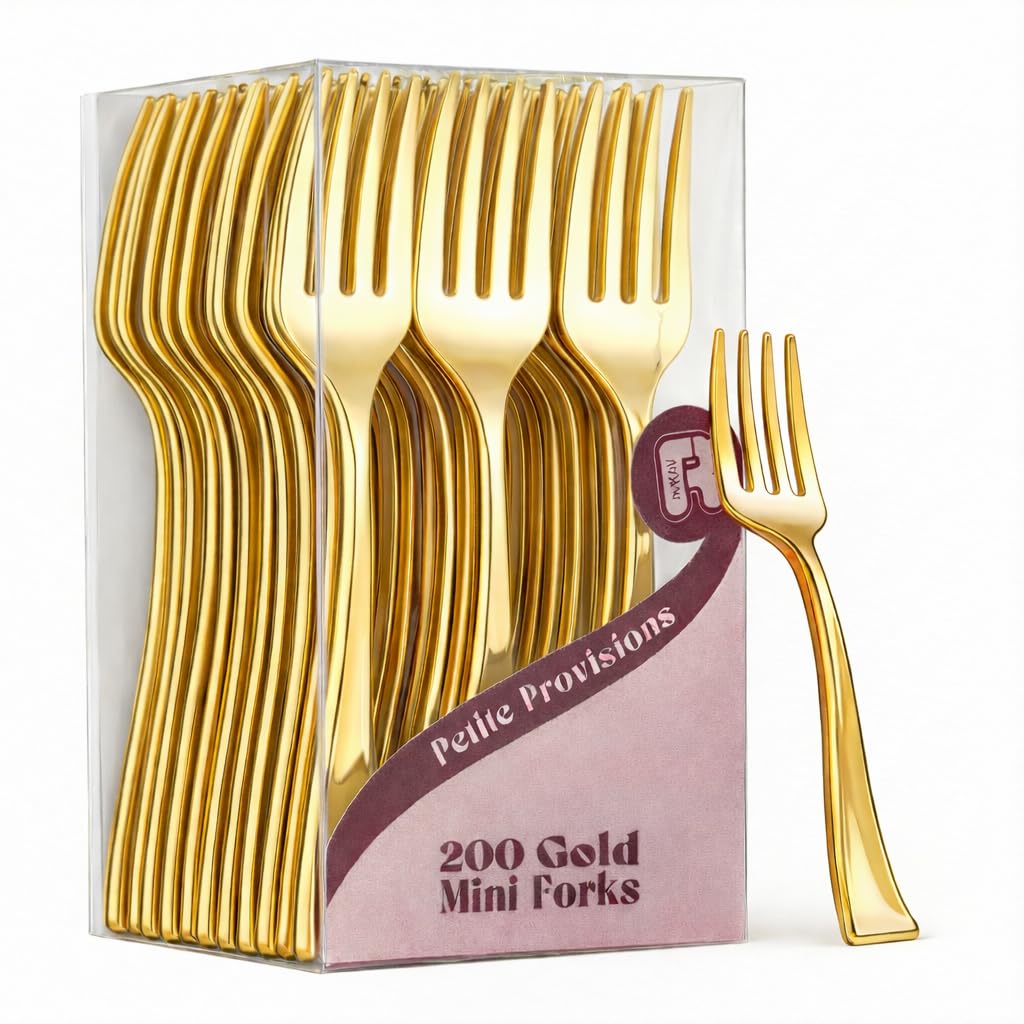 200 Pack Gold Mini Forks - 4 Inch Dessert Forks - Heavy duty Mini Forks For Appetizers, Tastings, Cocktails, Dessert Cups, BPA Free Small Gold Forks