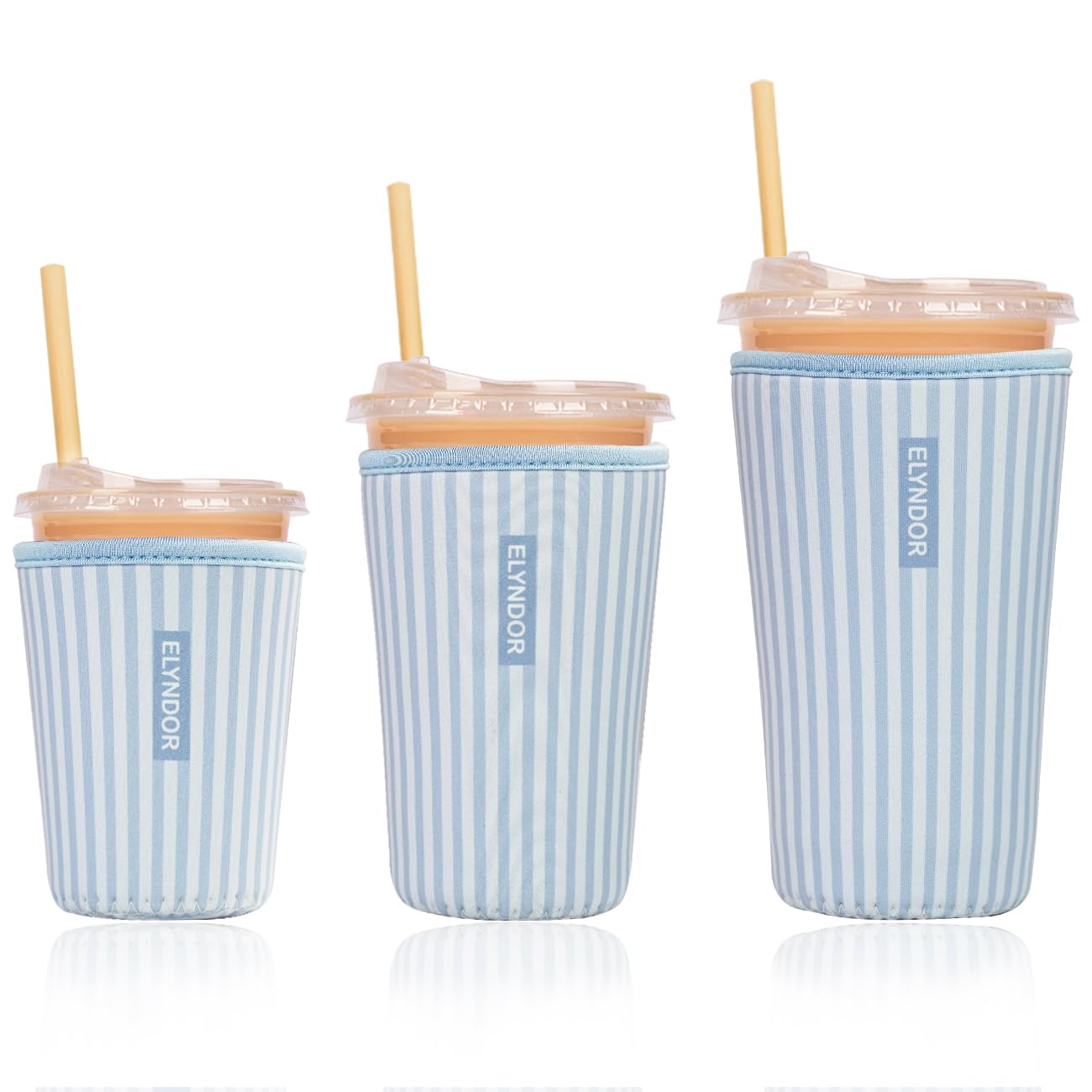 Reusable Insulated Sleeve for Iced Coffee Cup, 3-Pack Coffee Neoprene Drink Sleeve for Cold & Hot Drinks, Beverage Holder for Iced Coffee (Blue Stripes)