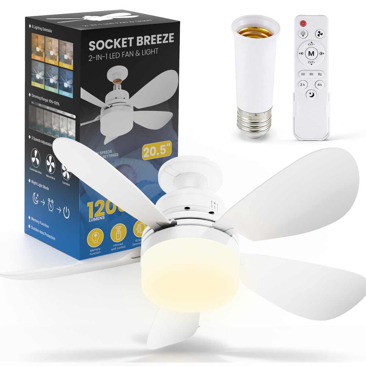 20.5 Inch Ceiling Fans with Lights and Remote, Light Socket Fan 3CCT Dimmable Outdoor, 24DB Noiseless Flush Mount Ceiling Fan Night Light for Bedroom Living Room Patio and Kitchen, White