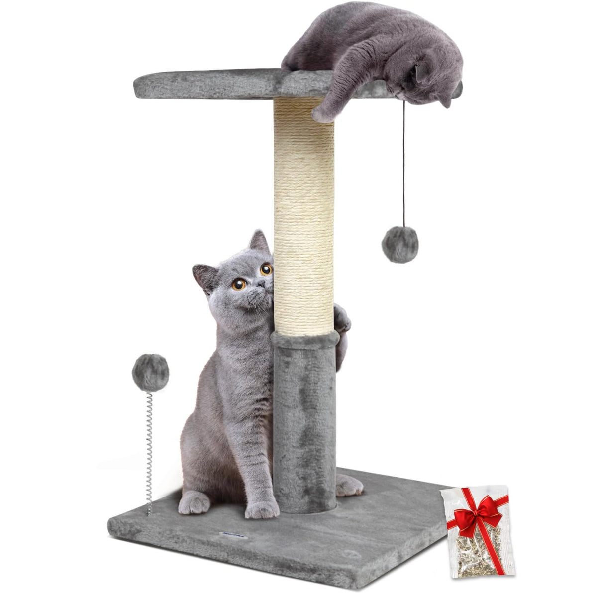 Happi N Pets 26" Cat Scratching Post with Perch, Natural Sisal Scratchers Trees for Indoor Cats, Featuring with Hanging Balls & Cozy Cat Bed, Stable Cat Scratch Posts for Kittens-Light Gray