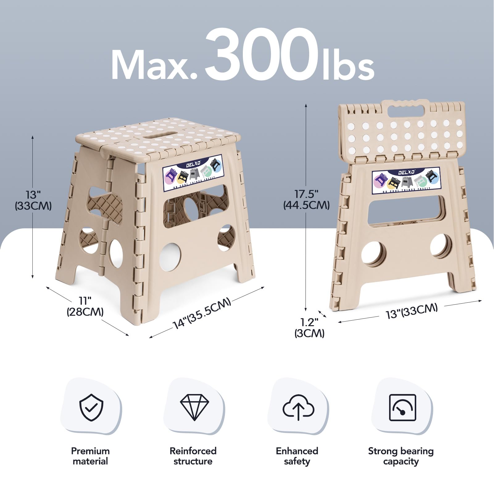 Delxo Folding Step Stool 13 Inch,300 Lbs Step Stool for Adults Khaki
