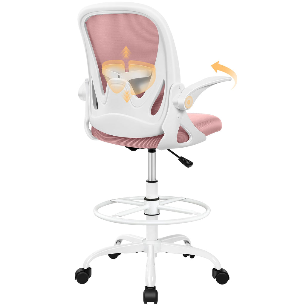 Primy Drafting Chair Tall Office Chair with Flip-up Armrests Executive Ergonomic Computer Standing Desk Chair with Lumbar Support and