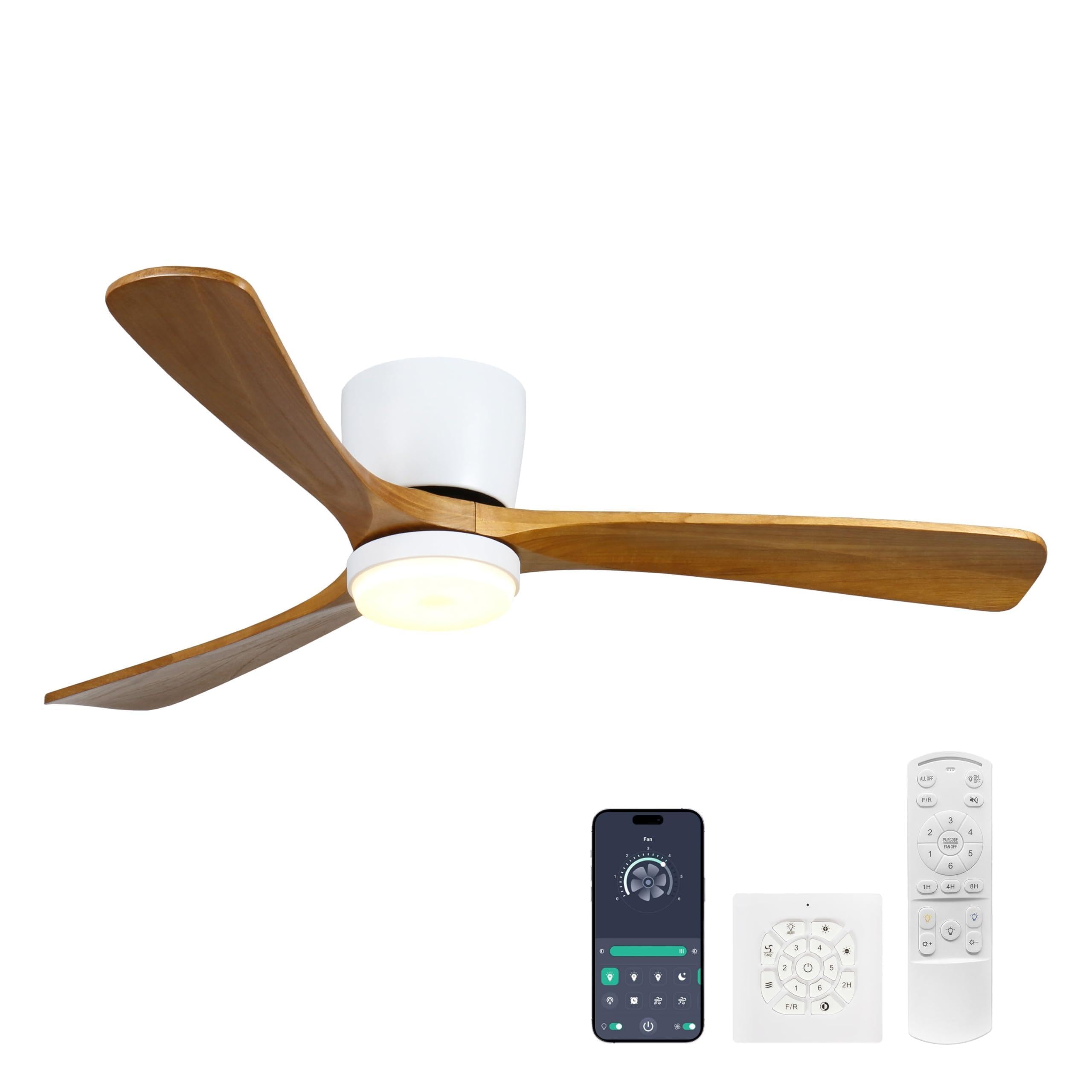 Ceiling Fans with Lights and Remote Control, 42 Inch Solid Wood Blade, Low Profile Flush Mount, LED Dimmable DC Reversible Modern Ceiling Fans with APP Control for Bedrooms, Living Rooms, Patio, White