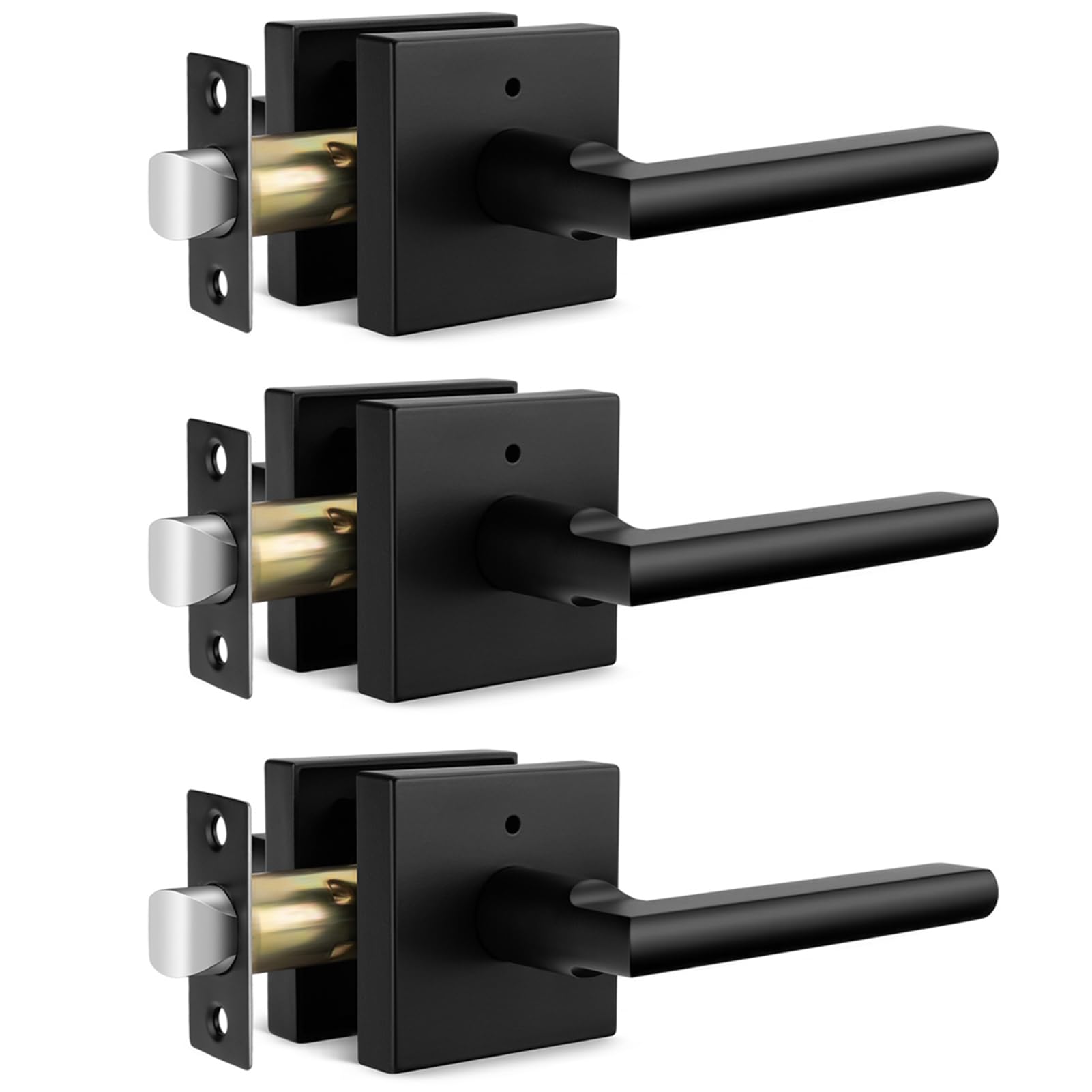 Goldenwarm Black Door Handles Interior, Matte Black Privacy Door Handles, Square Black Door Lever Interior for Bathroom Bedroom (3 Pack)
