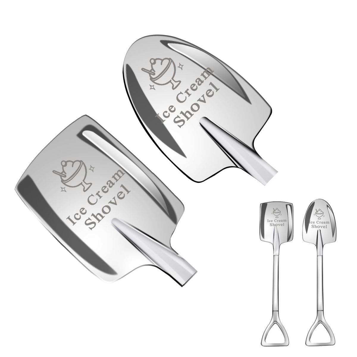 2 Pcs Ice Cream Shovel Set - Funny Loving Gift (Birthday/Holiday Gift for Family and Friends), Premium 304 Stainless Steel Dessert Spoons for Eating Ice Cream