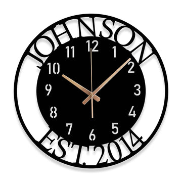 RMCLifeDecor Custom Large Metal Wall Clock, Personalized Last Name and Established Year, Silent Non-Ticking Steel Clock, Family Decor for Living Room, Wedding, Anniversary or Housewarming Gift
