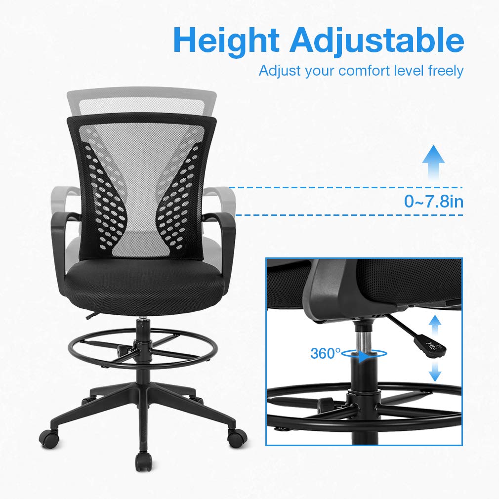 Bestoffice Drafting Chair Tall Office Chair with Adjustable Foot Ring and Flip-up Arms Computer Standing Desk Chair Executive Rolling Swivel