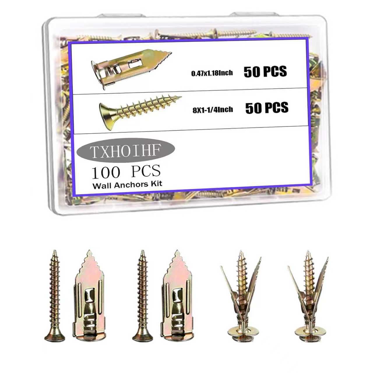 Self Drilling Drywall Anchors with Screws Kit 100Pcs- 50 Sheetrock Anchors 50 Zinc Expansion Screws New Upgraded Zinc Plated Steel No Drill or Holes in Wall,for Wall Hanging,Cabinets,Holds Up to 80LB