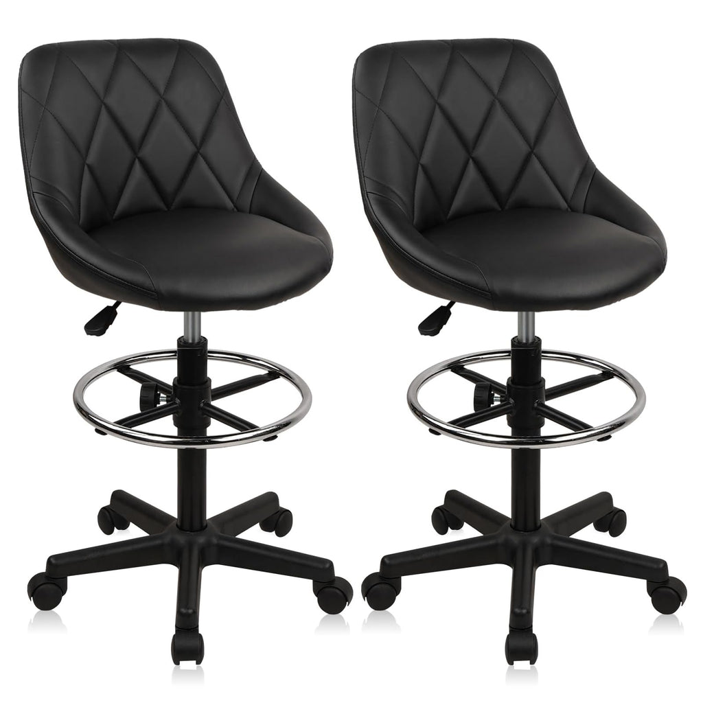 Klasika Drafting Chair with Backrest and Wheels, Set of 2 Adjustable Footrest Height Rolling Stool, Pu Leather Tall Swivel Chairs Work Shop