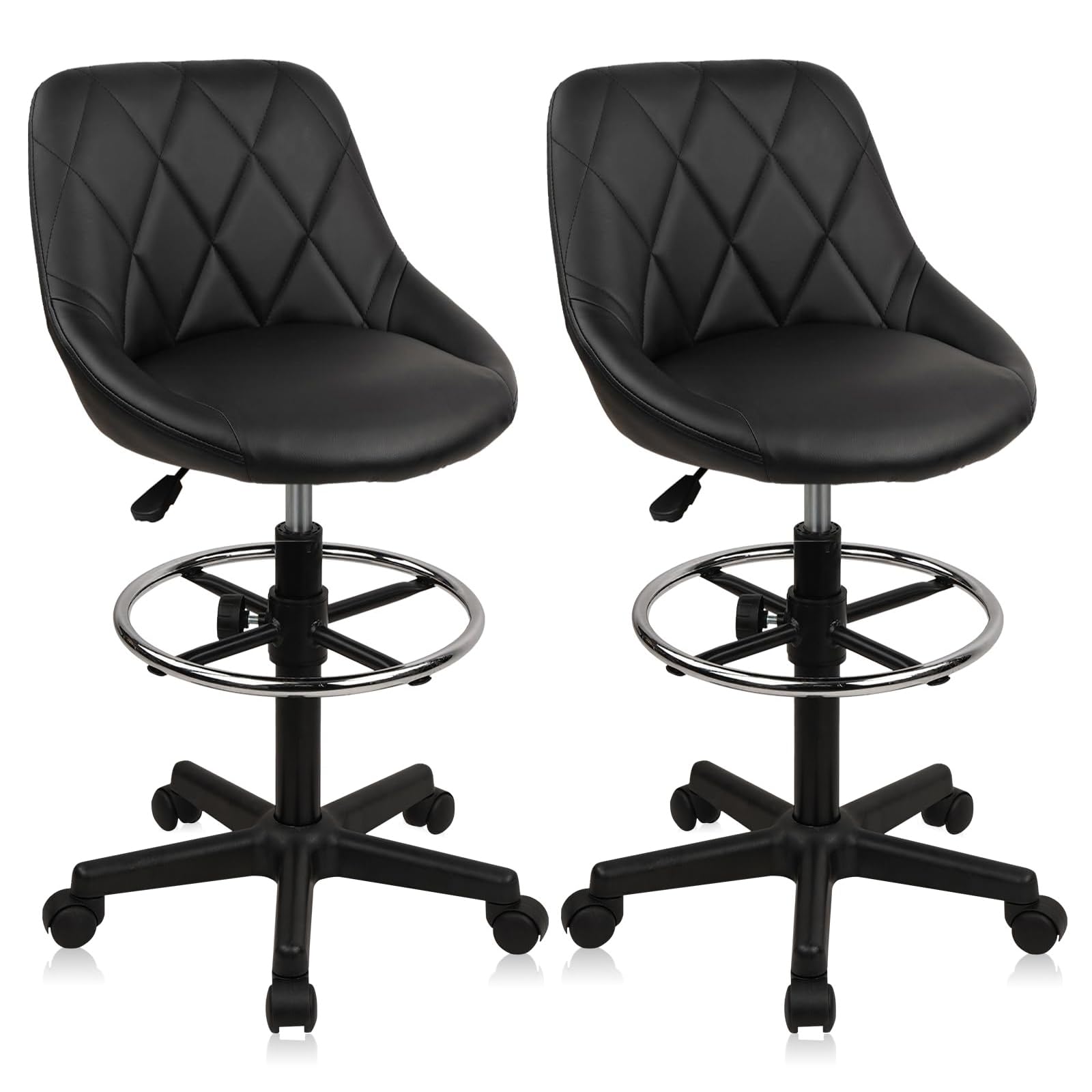 Klasika Drafting Chair with Backrest and Wheels, Set of 2 Adjustable Footrest Height Rolling Stool, Pu Leather Tall Swivel Chairs Work Shop
