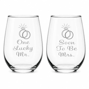 C M One Lucky Mr and Soon to Be Mrs Engagement Stemless Wine Glass Set of 2