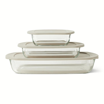 Amazon Basics Glass Baking Dishes with BPA-Free Lids, 6-Piece Bakeware Set, Borosilicate Glass, Oven-Safe up to 752°F, Non-Slip and Stackable, Dishwasher-Safe, Linen Gray