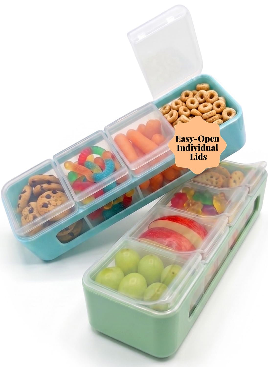 melii Snackle Box | 4 Compartment Divided Snack Container with Individual Lids, Kids Lunch & Travel Food Storage Organizer, BPA-Free, 2-Pack (Blue + Mint)