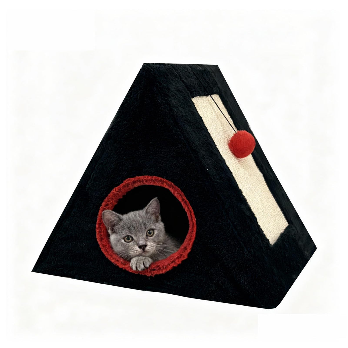 Cat Beds for Indoor - 2 in 1 Cat Cave House Tent for Kittens and Small Pets with Fluffy Ball Hanging and Scratch Pad,Foldable Kitten Hideaway with Non-Slip Bottom, Black, 17 inches