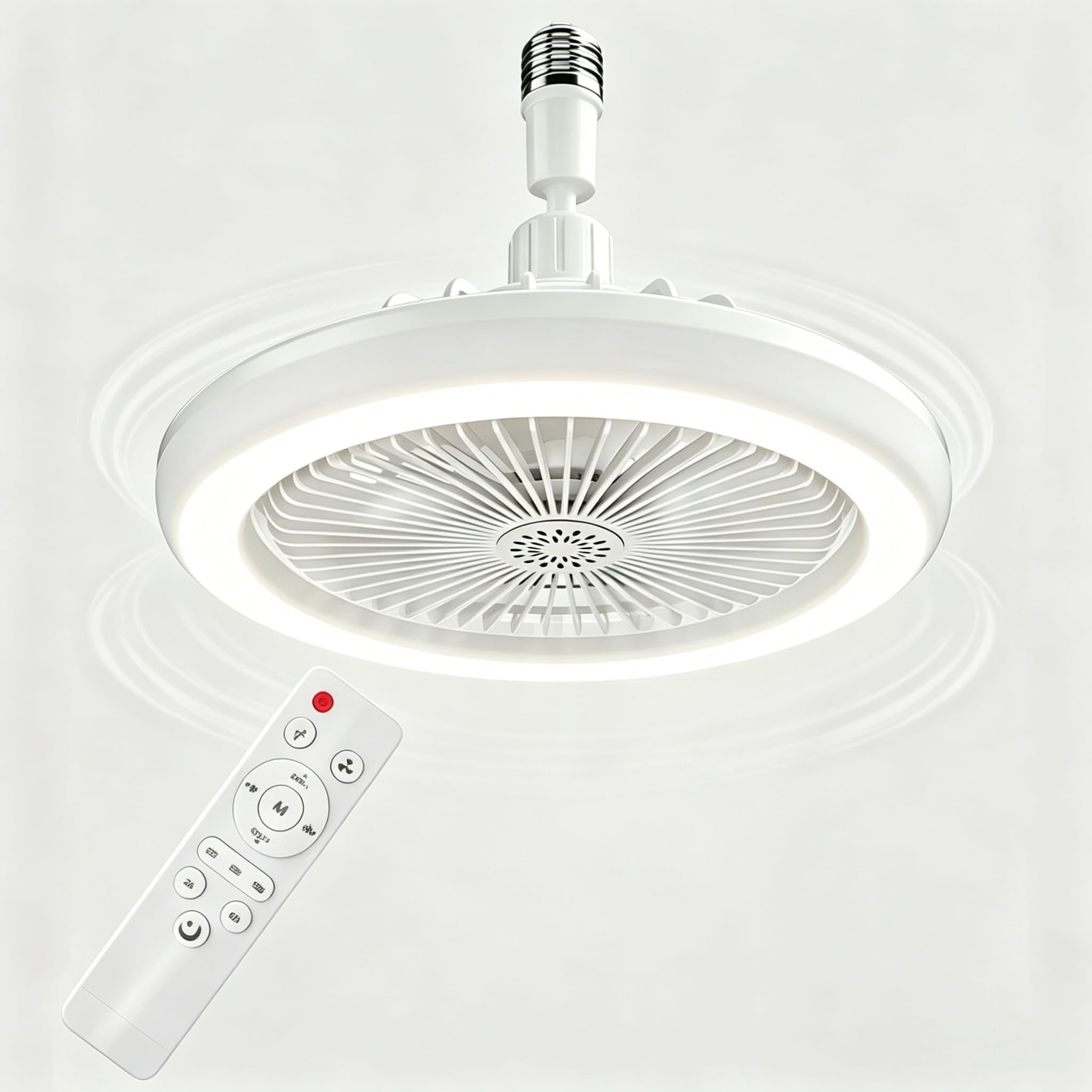 Light Socket Fans with Lights and Remote - LED Socket Fan Light, Quiet Ceiling Fan for Kitchen Bathroom Store Room Garage (White)