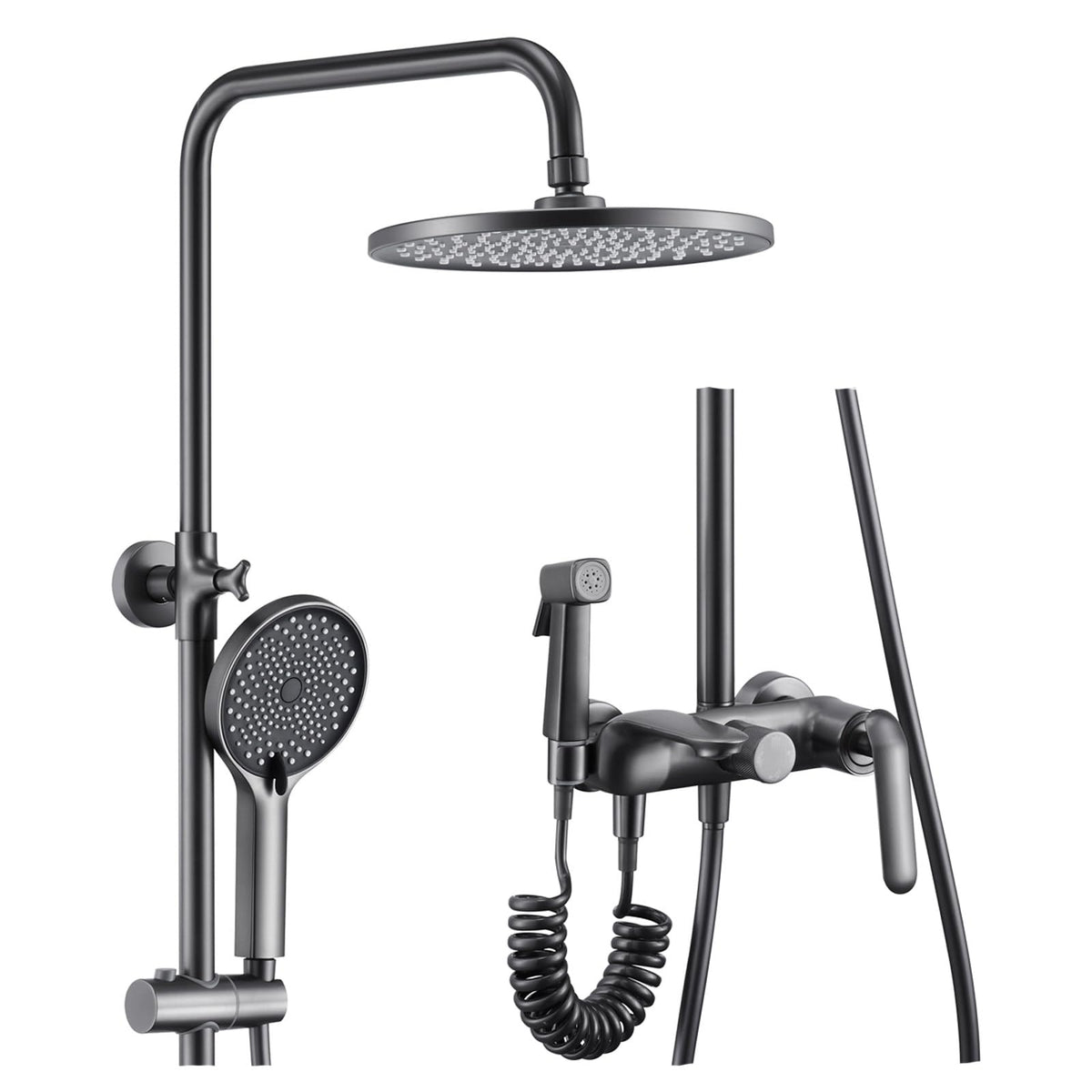 Shower System, Gray Shower Faucet Set 4 Functions Shower Fixtures Brass Bathroom Shower Faucet Set with Handheld Sprayer of 3 Modes, Round Rain Shower Head, Bathtub Spout, Bidet Sp