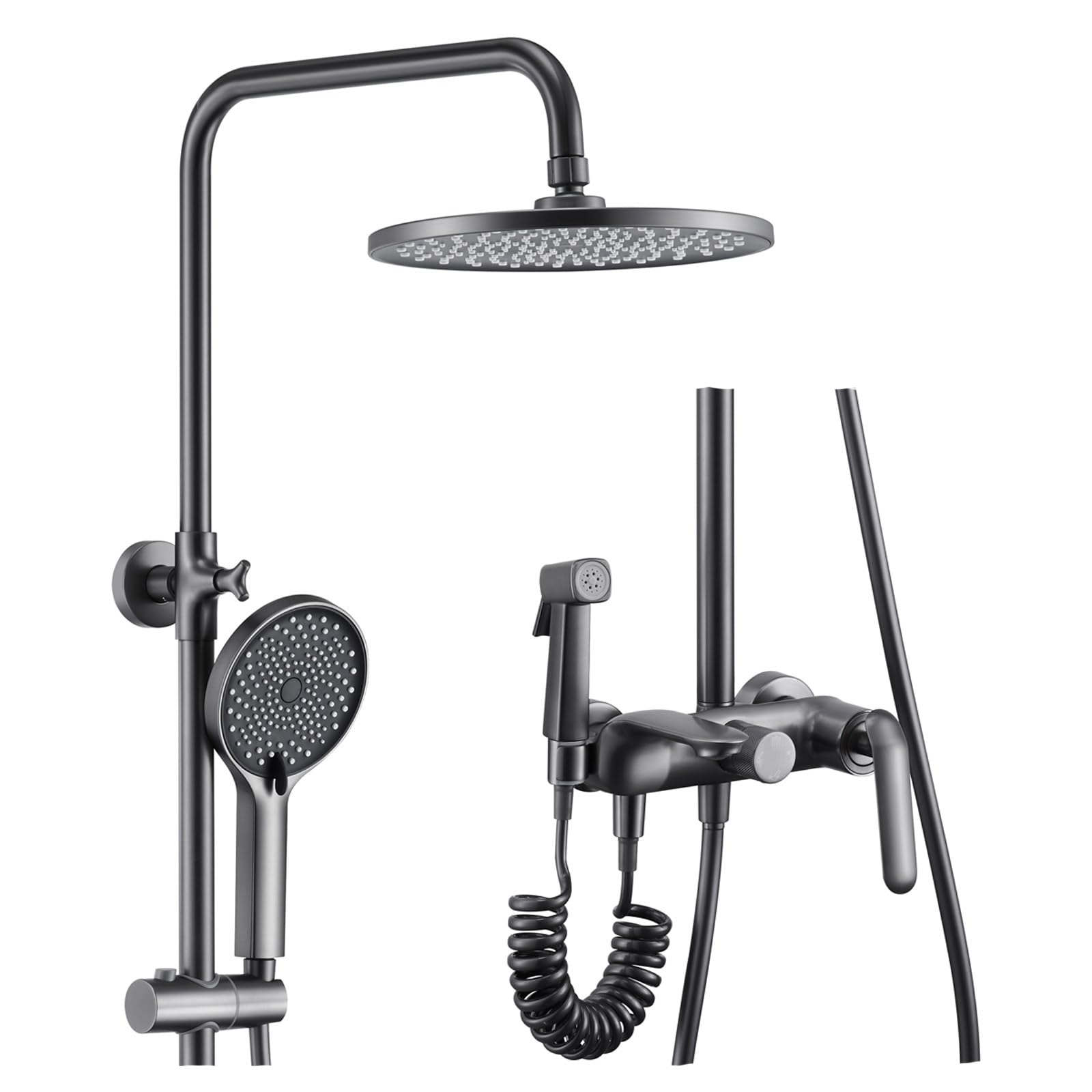 Shower System, Gray Shower Faucet Set 4 Functions Shower Fixtures Brass Bathroom Shower Faucet Set with Handheld Sprayer of 3 Modes, Round Rain Shower Head, Bathtub Spout, Bidet Sp