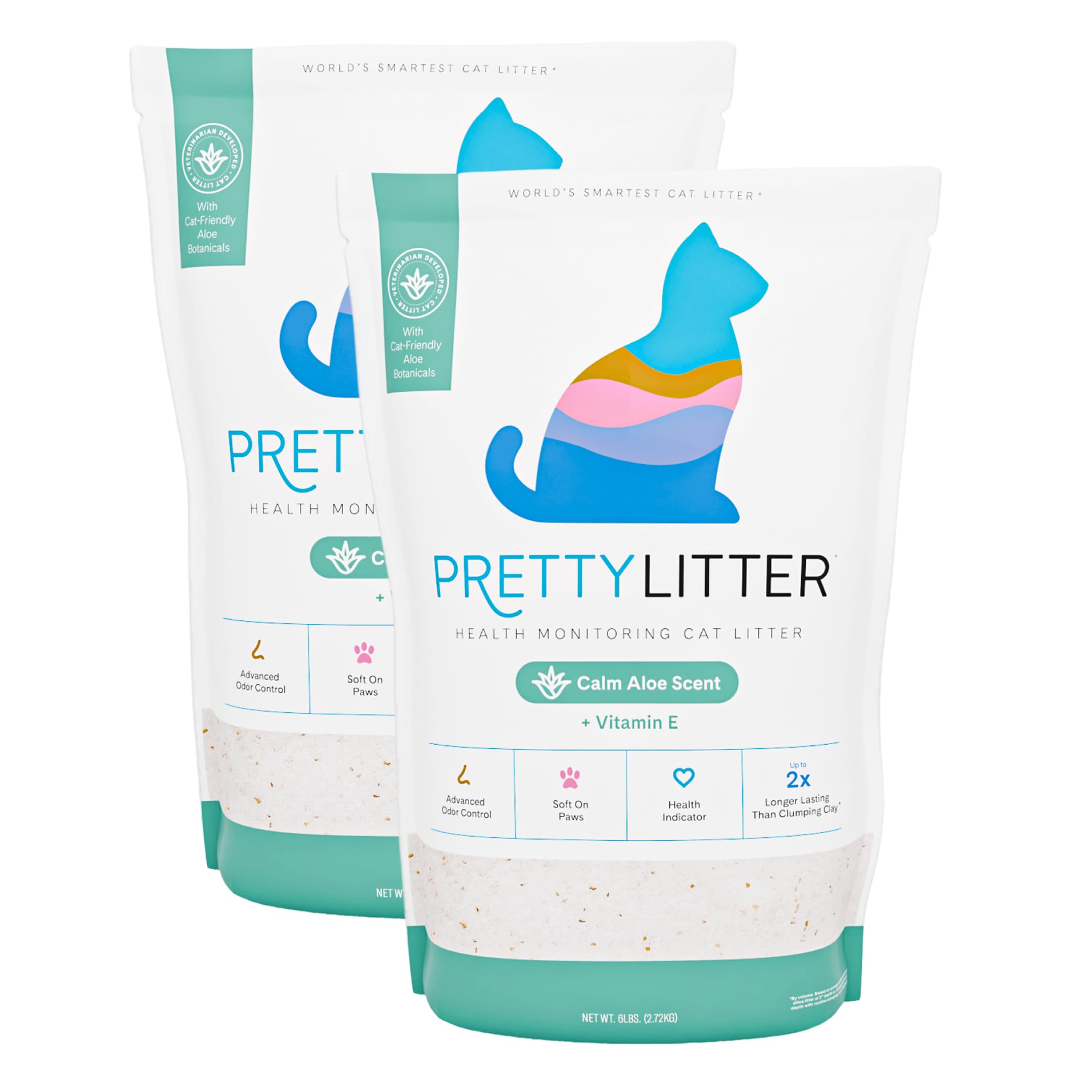 PrettyLitter Health Monitoring Cat Litter (Calm Aloe, Non Clumping) | Lightweight & Low Tracking, Color Changing Silica Gel Crystals, Advanced Odor Control — 6 Lbs, Pack of 2 (Up to 2 Month Supply)