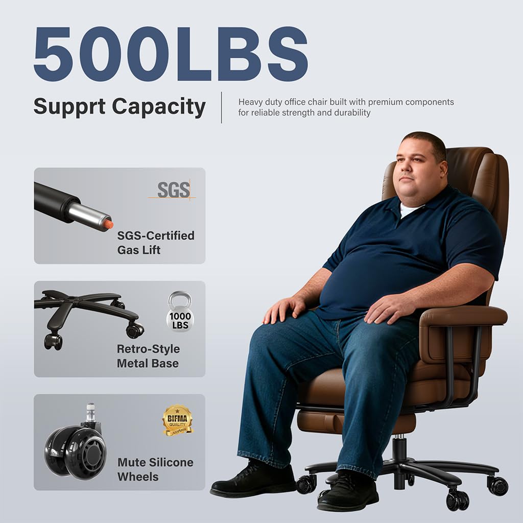 Julymon Executive Office Chair Big and Tall 500lbs, 165° Reclining Heavy Duty Office Chair with Footrest & Quiet Rubber Wheels, Height