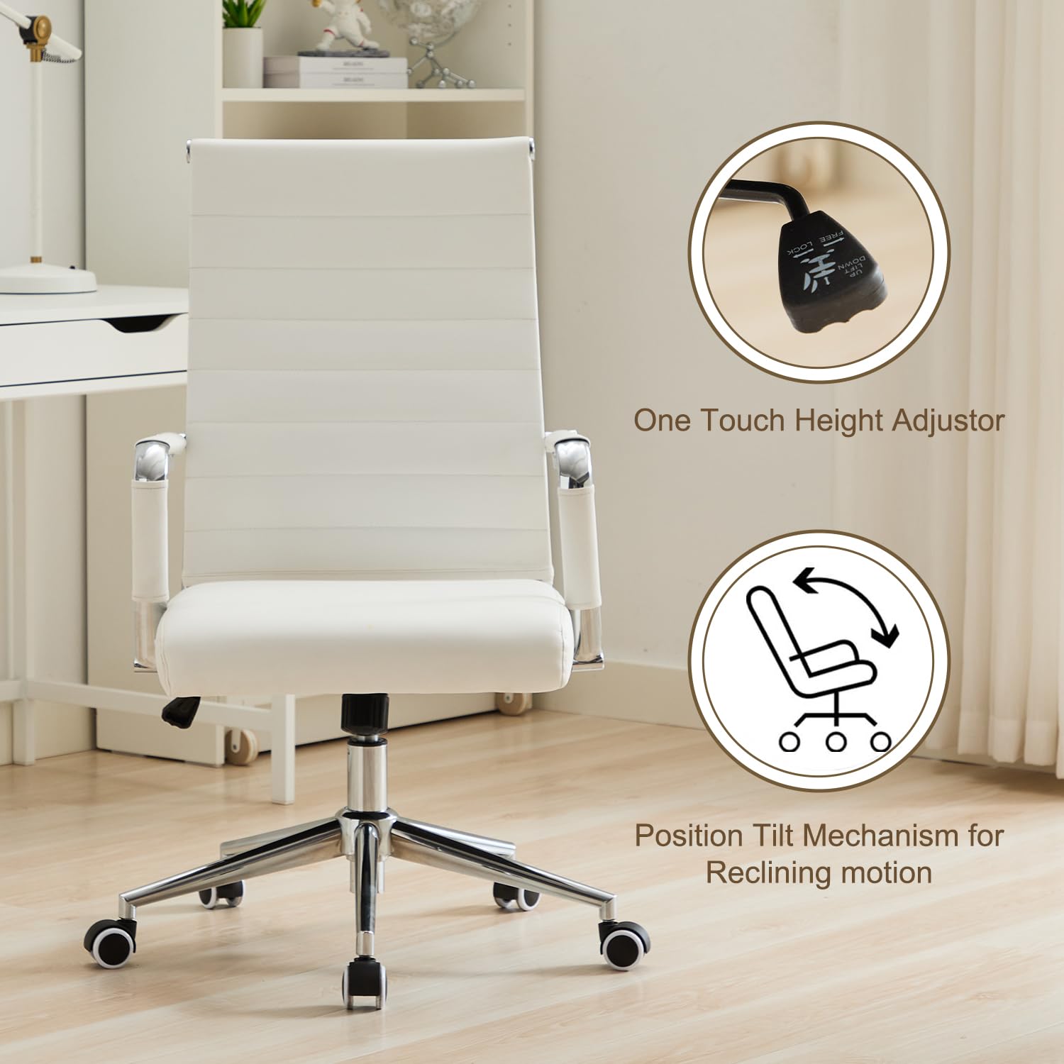 Office Desk Chair Leather, Conference Room Chairs with Wheels, Executive Modern High Back Ergonomic Swivel Rolling Ribbed Computer Chair?white?