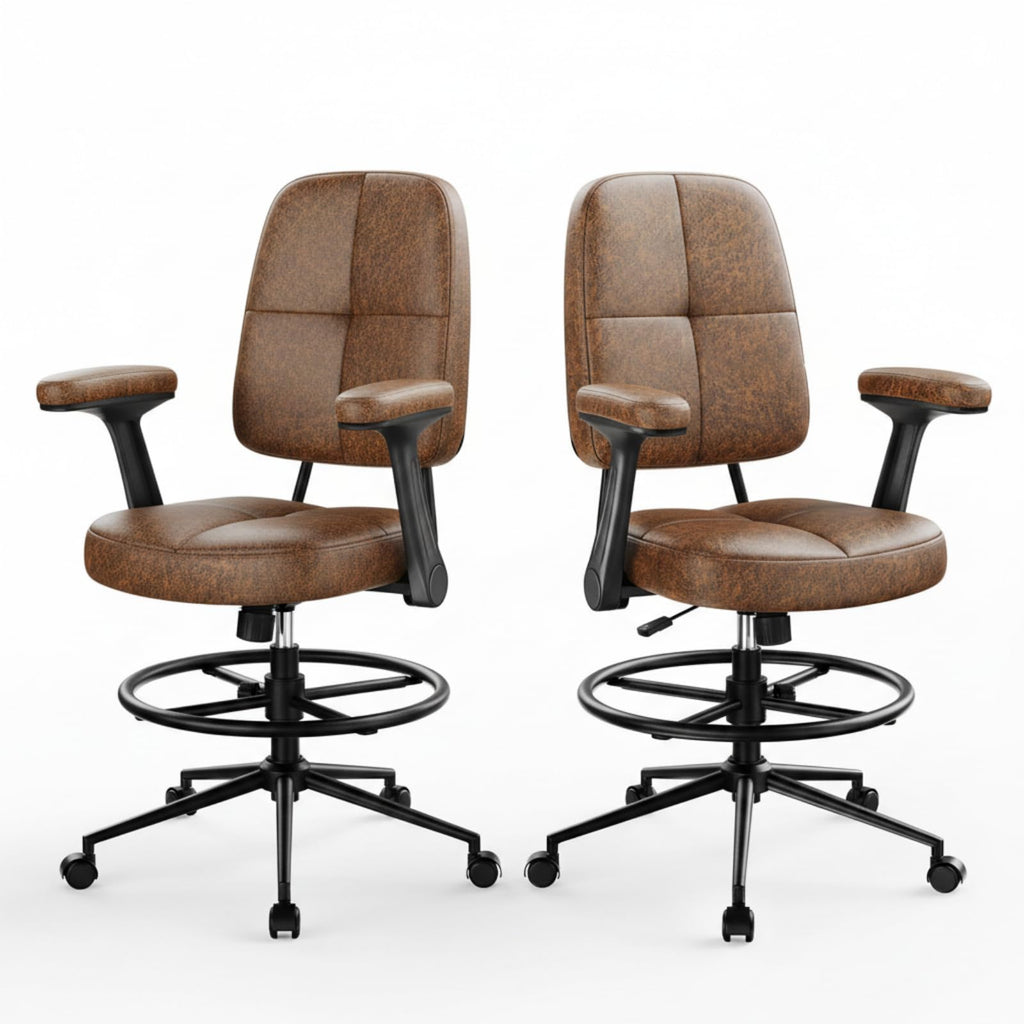 Marsail Drafting Chair with Flip-up Armrests and Footrest, Ergonomic Tall Office Chair, Height Adjustable High Chair, Brown Leather Seat with