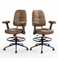 Marsail Drafting Chair with Flip-up Armrests and Footrest, Ergonomic Tall Office Chair, Height Adjustable High Chair, Brown Leather Seat with