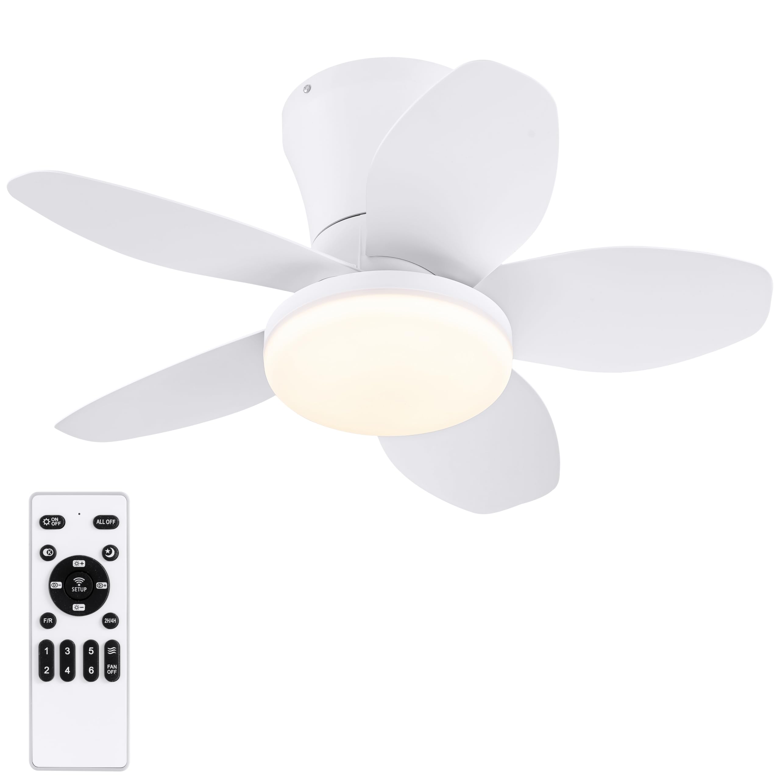 Small Ceiling Fans with Lights 25 Inch - Low Profile Ceiling Fans with Remote Control, Flush Mount, 5 Reversible Blades, 6 Speeds + Natural Wind Model, Timer, Night Light, for Bedroom Indoor,White