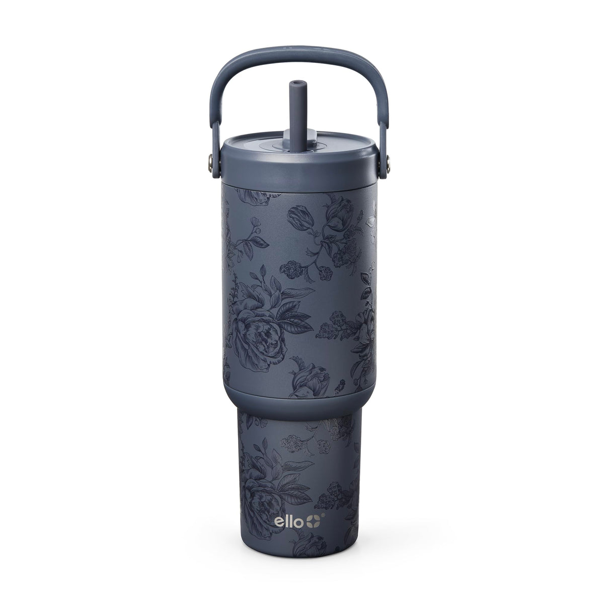 Ello Oasis Go+ 26oz Tumbler with Top Handle and Retracting Straw | Reusable Insulated Stainless Steel Cup, 100% Leakproof Water Bottle, 24 Hours Cold, Cup Holder Friendly For Travel | Rose Navy