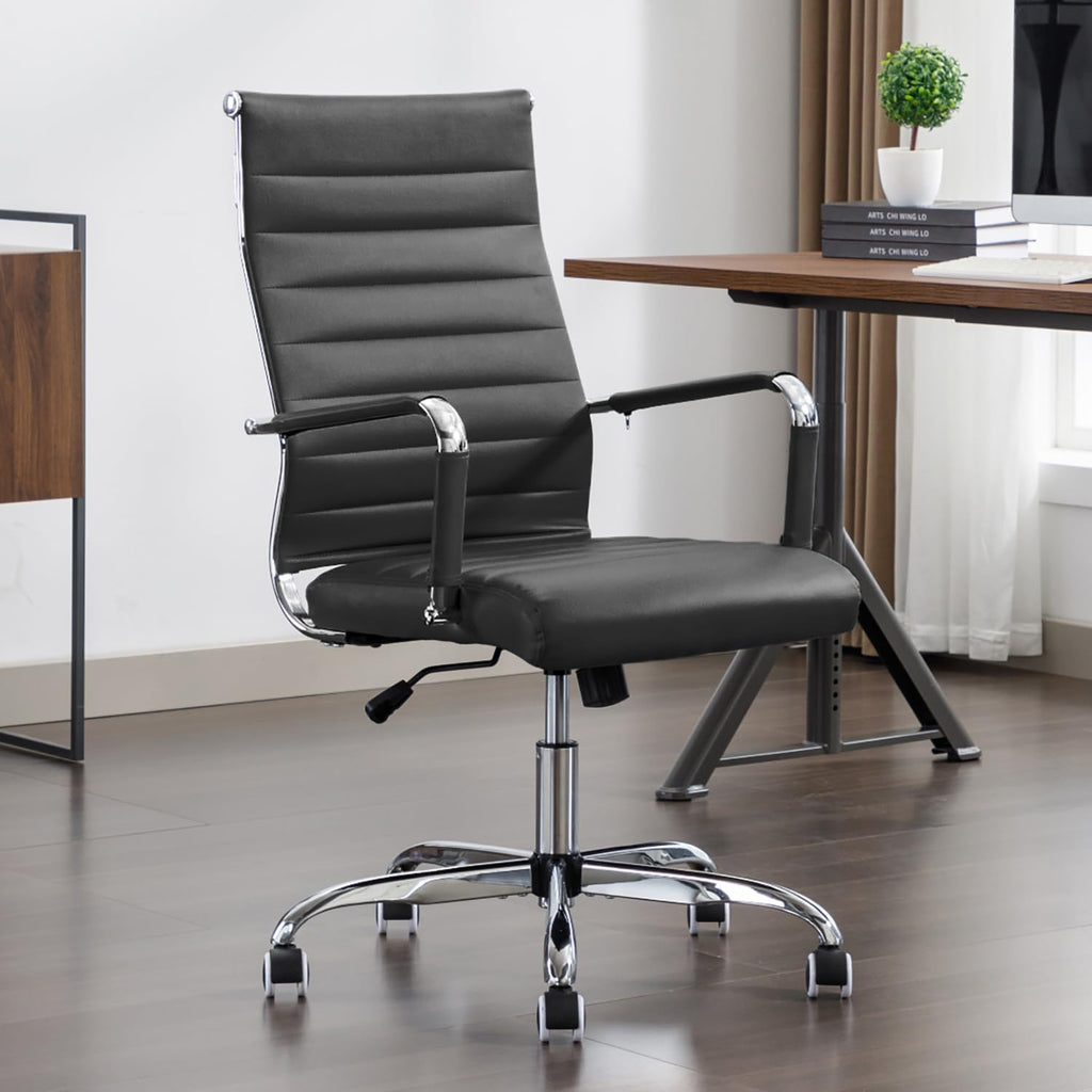 Office Desk Chair Leather, Conference Room Chairs with Wheels, Executive Modern Ergonomic Ribbed Computer Chair, 20"W x 18"D x 14.7-19.7"H