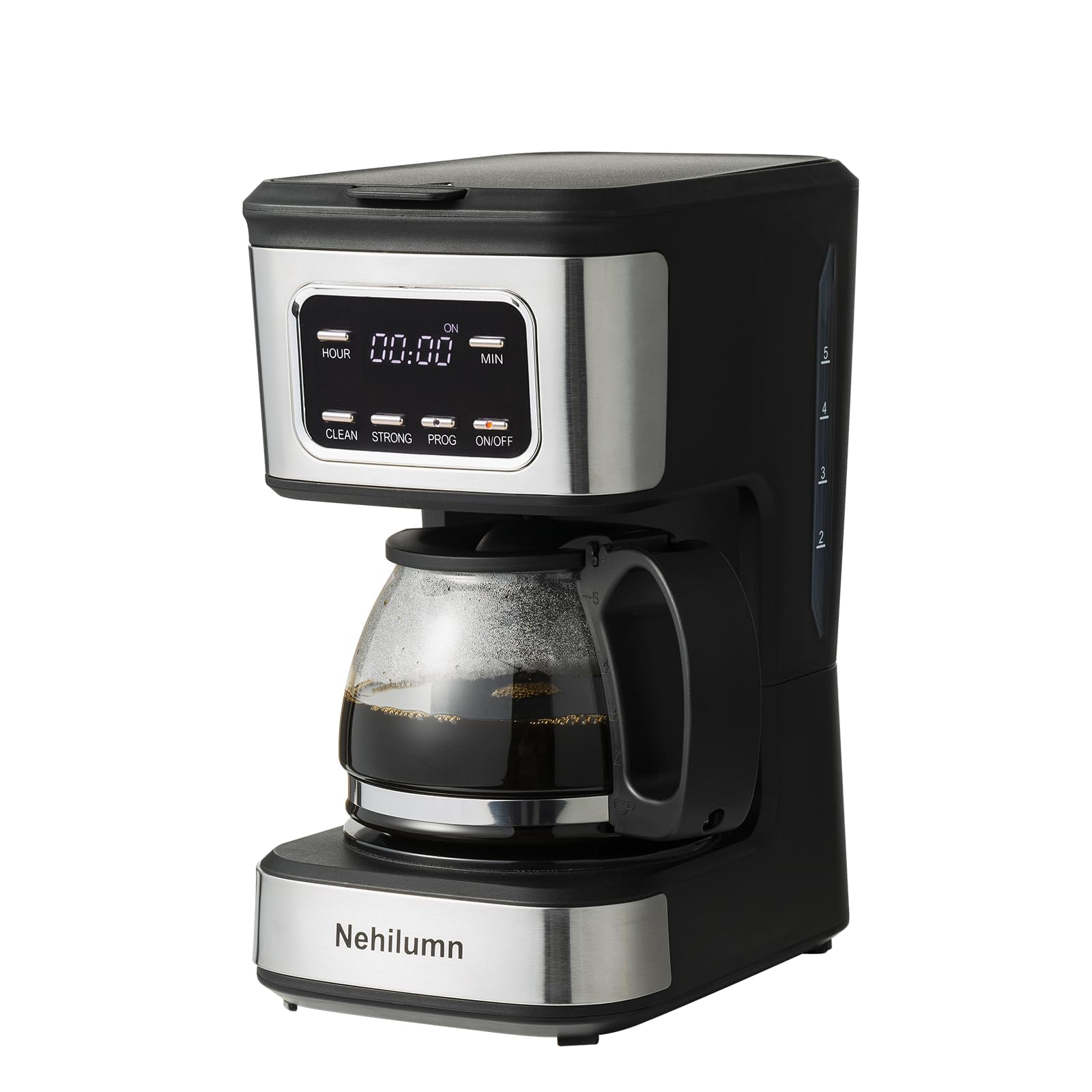 5-Cup Programmable Coffee Maker - Reusable Filter, Clear Water Level Indicator, Auto Shut- Off, Black &Stainless Steel Coffee Pot