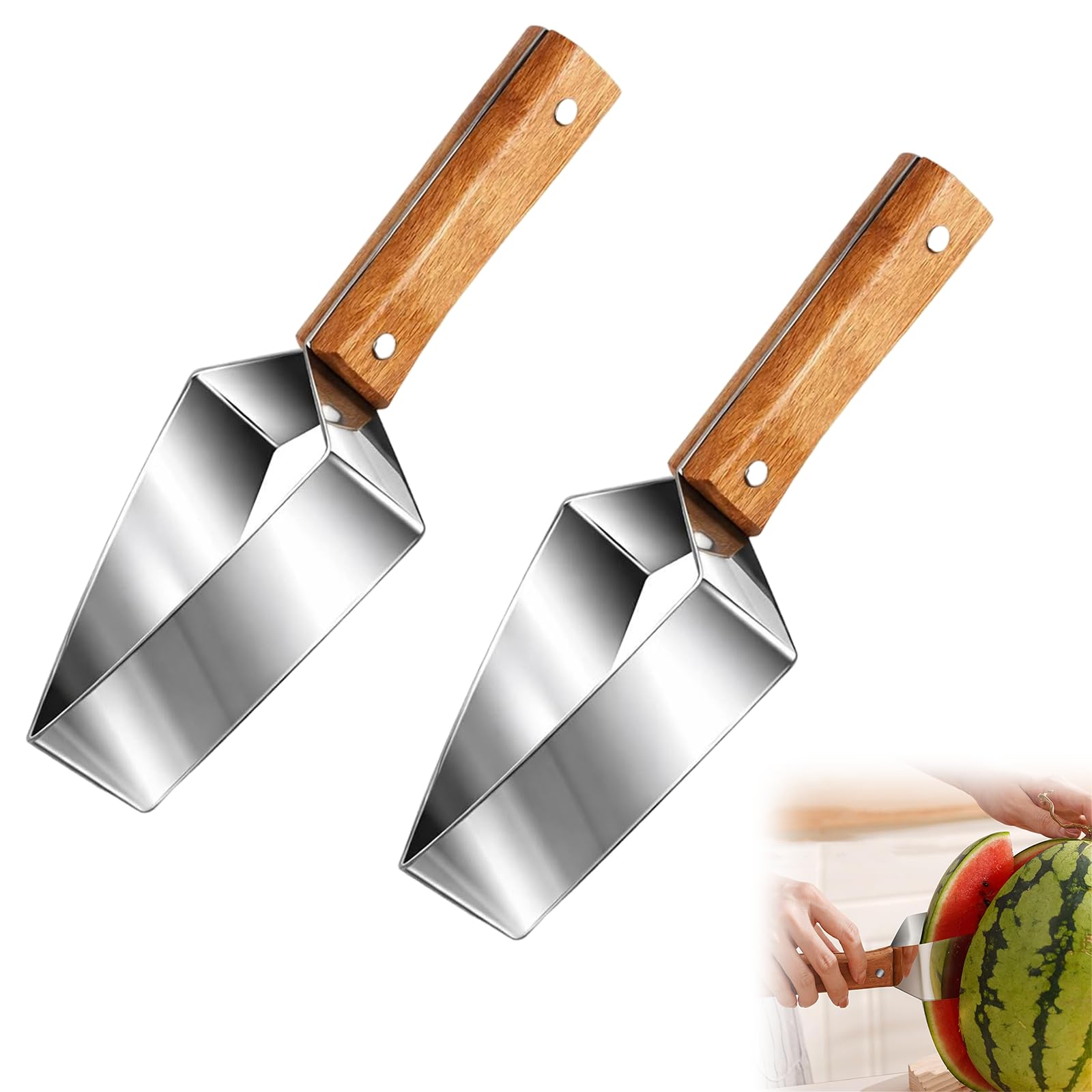 Triangle Watermelon Cutter, Watermelon Slicer Cutter Tool, Stainless Steel Fruit Slicer with Wooden Handle & Blade Cover, Melon Apple Cutting Tool for Kitchen (2-Pack)