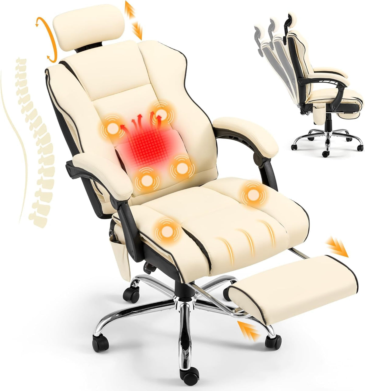 Homrest Heated Massage Executive Office Chair with Footrest,beige, White