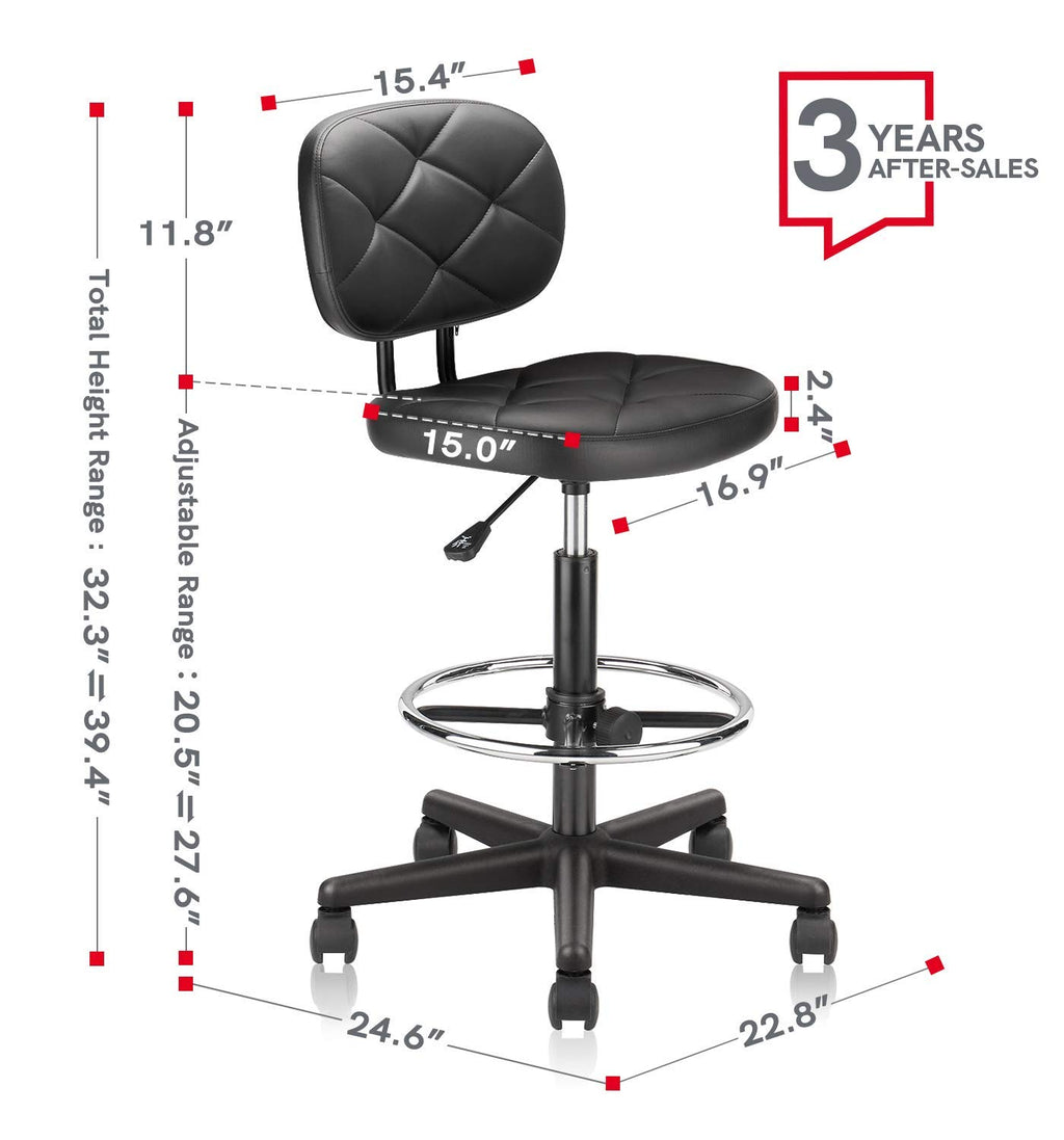 Klasika Tall Drafting Rolling Stool Chair with Low Back Support and Adjustable Foot Rest Ring Set of 2 Pu Leather Vinly Wide Seat Swivel