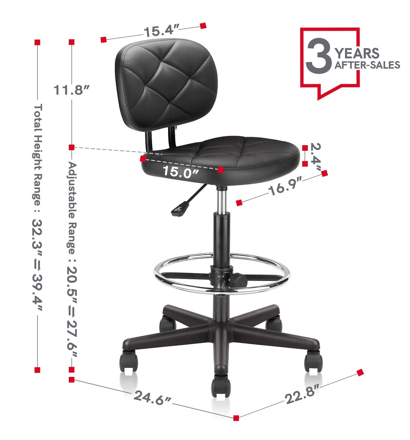 Klasika Tall Drafting Rolling Stool Chair with Low Back Support and Adjustable Foot Rest Ring Set of 4 Pu Leather Vinly Wide Seat Swivel