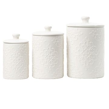 10 Strawberry Street Embossed Ceramic Kitchen Canister Set, Set of 3, Stamp White